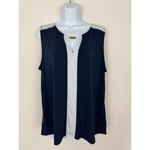 Jones New York Colorblock Sleeveless Blouse XL Navy White Gold Bar Accent